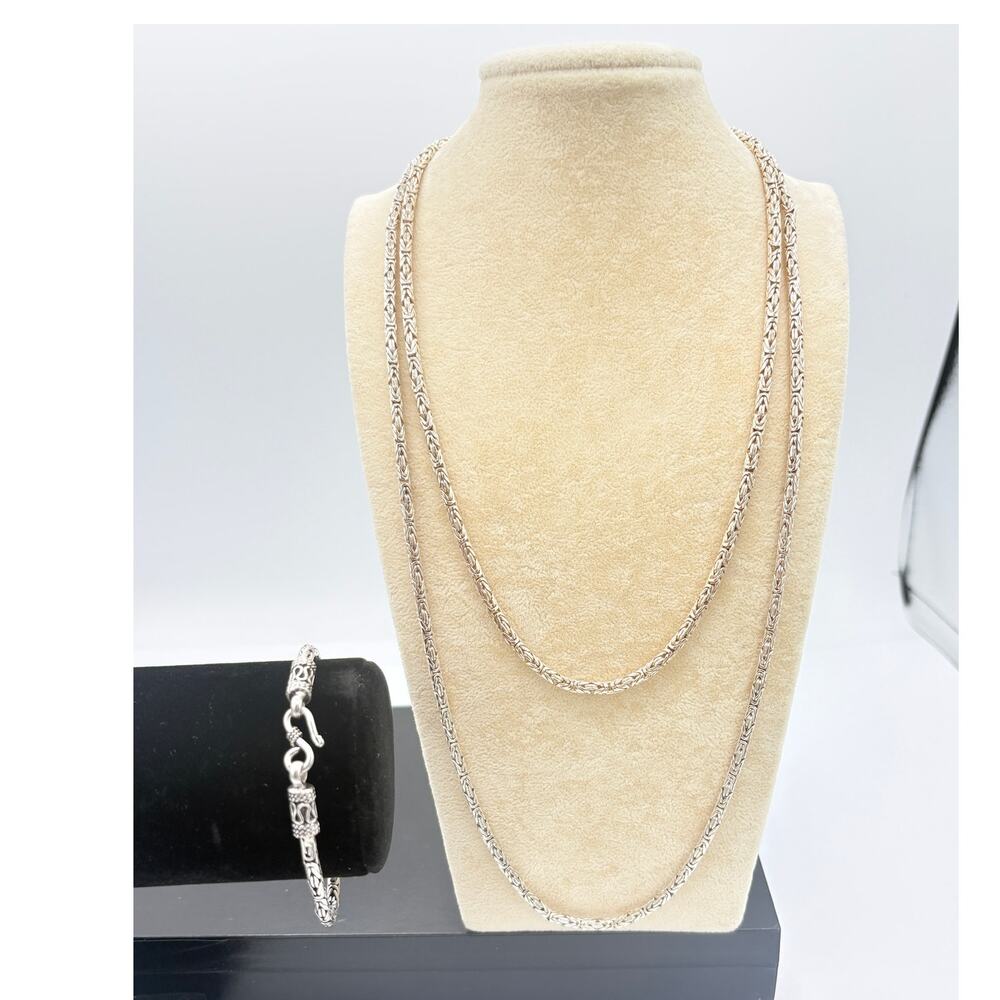 Solid Sterling Silver Ornate Link Chain Set – 2 Necklaces + Bracelet